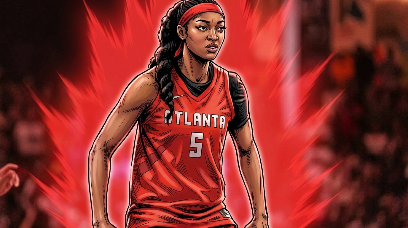 Comic-style illustration of Angel Reese in a red Atlanta Dream jersey with white 'ATLANTA' wordmark, calm pose, red shockwave spike-burst effect radiating from the subject against a red-tinted arena bowl background — editorial image for Team USA's FIBA World Cup comeback win over France.