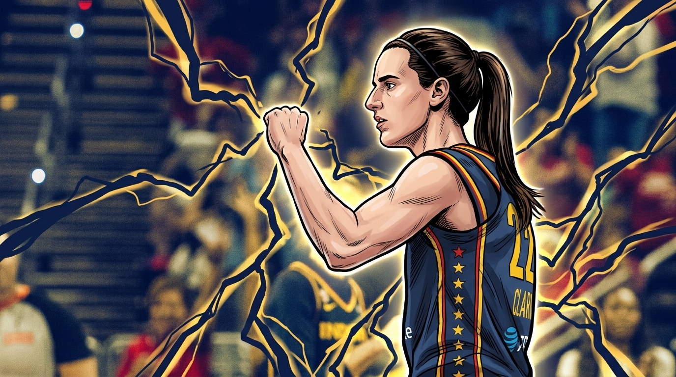 Caitlin Clark, Indiana Fever guard, comic-style illustration with electric energy effect