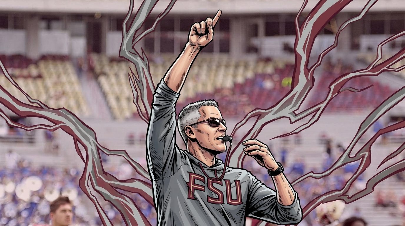 Comic-style illustration of Florida State head coach Mike Norvell in a gray FSU pullover, pointing skyward with a whistle in his mouth, against a maroon-and-gray electric-energy stadium background