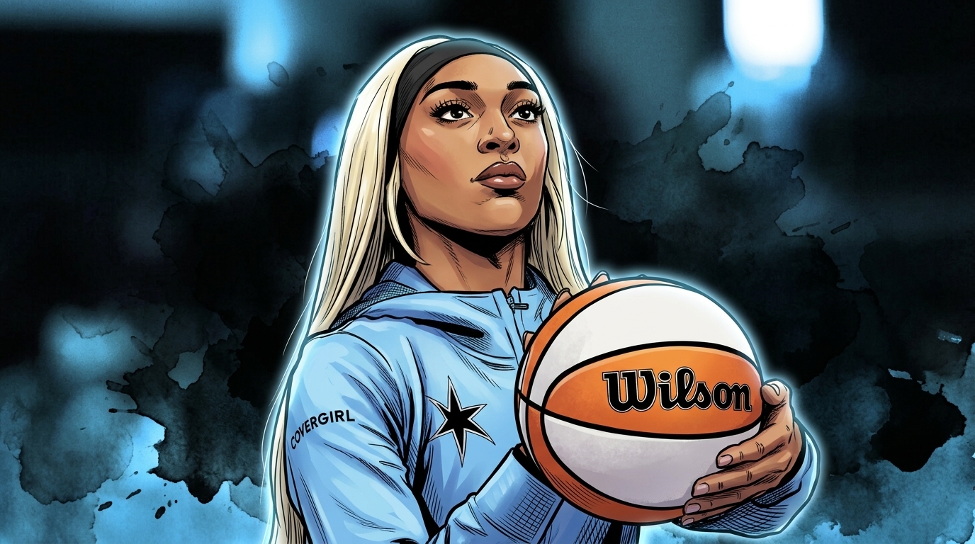 Comic-style illustration of DiJonai Carrington in a Chicago Sky warmup hoodie holding a basketball, with ink wash and watercolor bleed effect over a blurred arena background