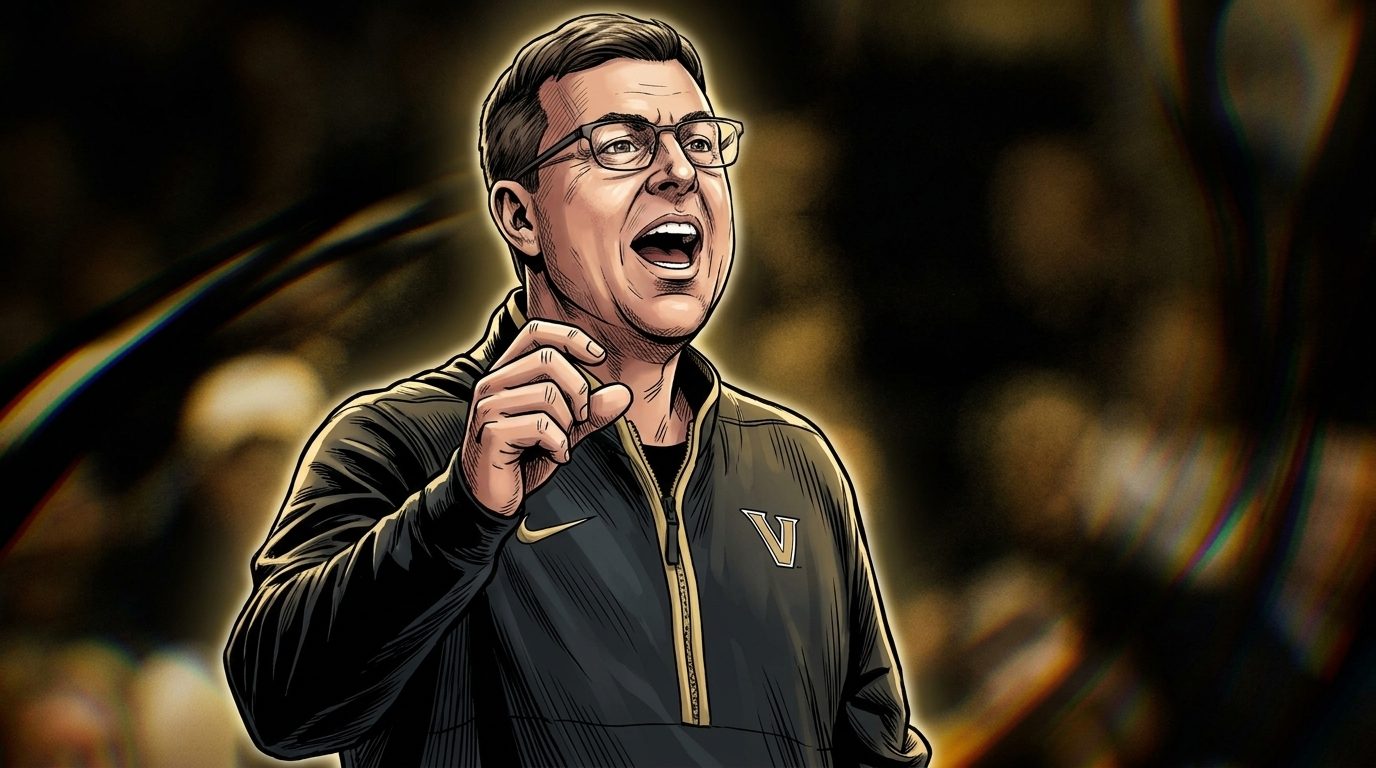 Comic-style illustration of Vanderbilt head coach Mark Byington shouting and pointing from the sideline in a black and gold quarter-zip, with a blurred arena crowd background and chromatic dispersion light streaks.