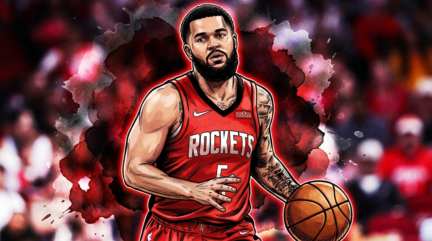 Comic-style illustration of Fred VanVleet dribbling in a Houston Rockets jersey