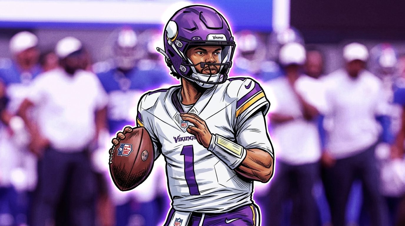 Comic-style illustration of Kyler Murray in Minnesota Vikings uniform, purple helmet and white jersey, dropping back to throw with a purple-blue neon glow effect