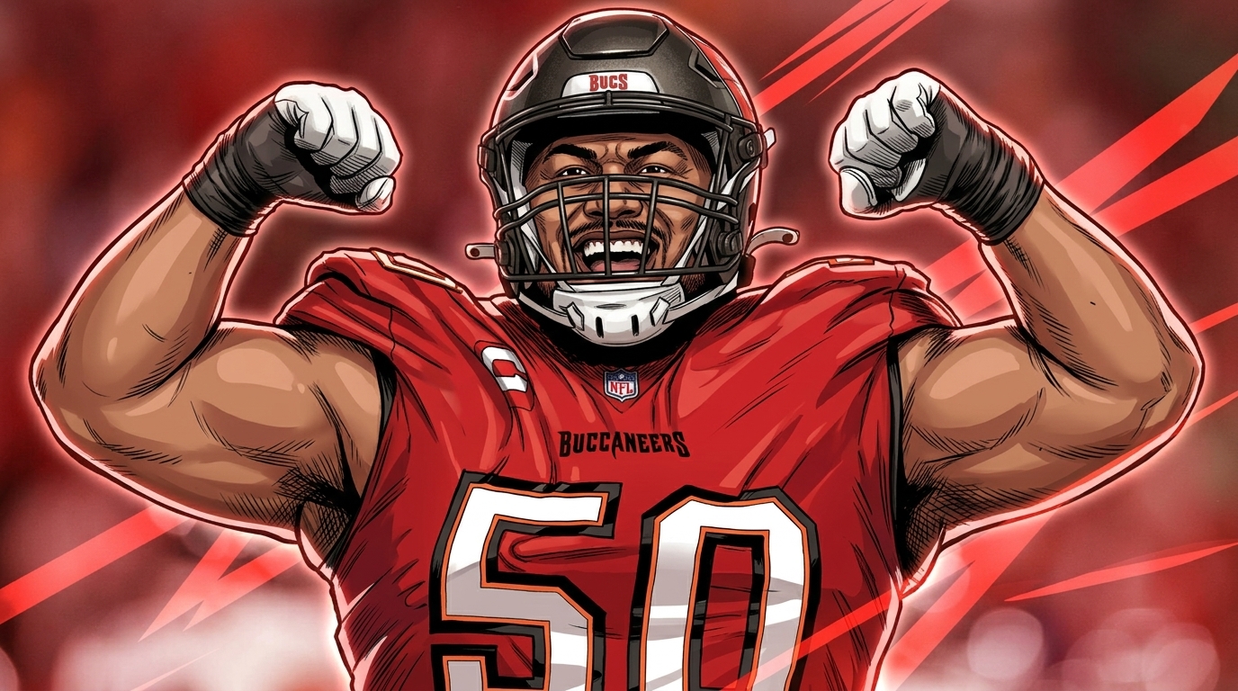 Comic-style illustration of Buccaneers defensive tackle Vita Vea in red jersey with white #50, geometric light streaks effect