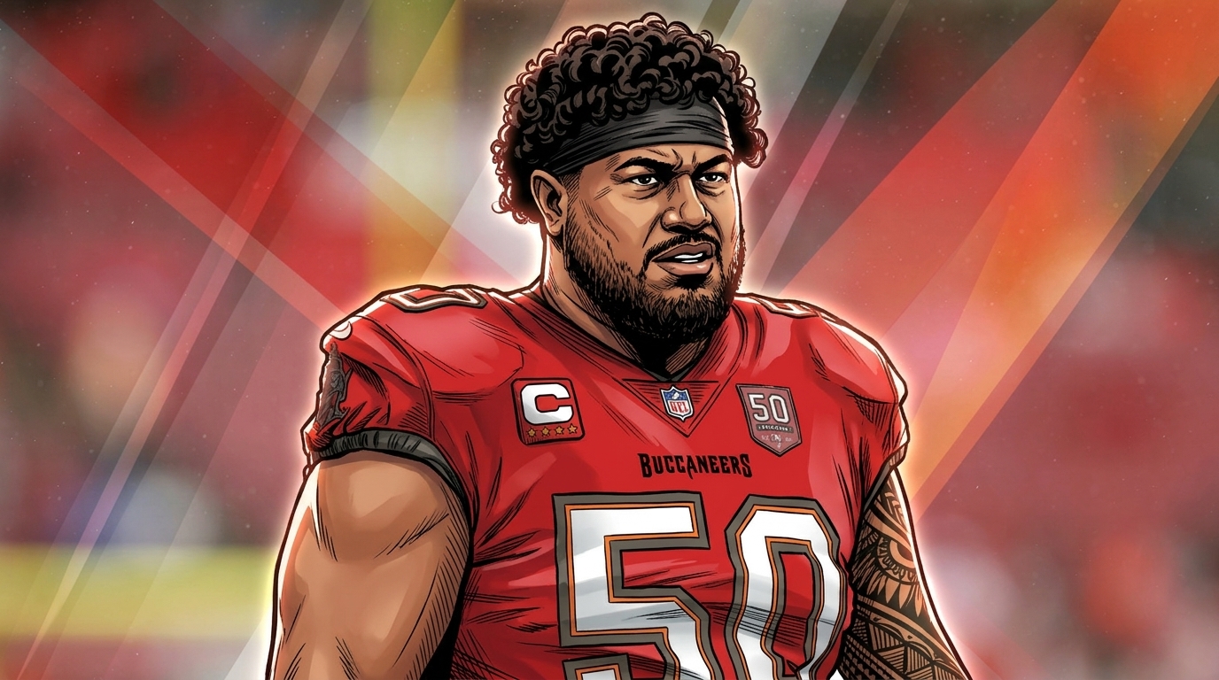 Vita Vea in comic book illustration style, red Tampa Bay Buccaneers jersey number 50, geometric light streaks effect
