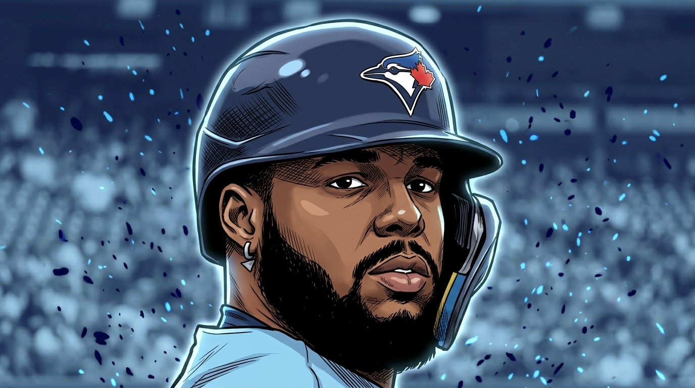 Vladimir Guerrero Jr., Toronto Blue Jays first baseman, comic-style illustration in batting helmet with particle-field effect over stadium background