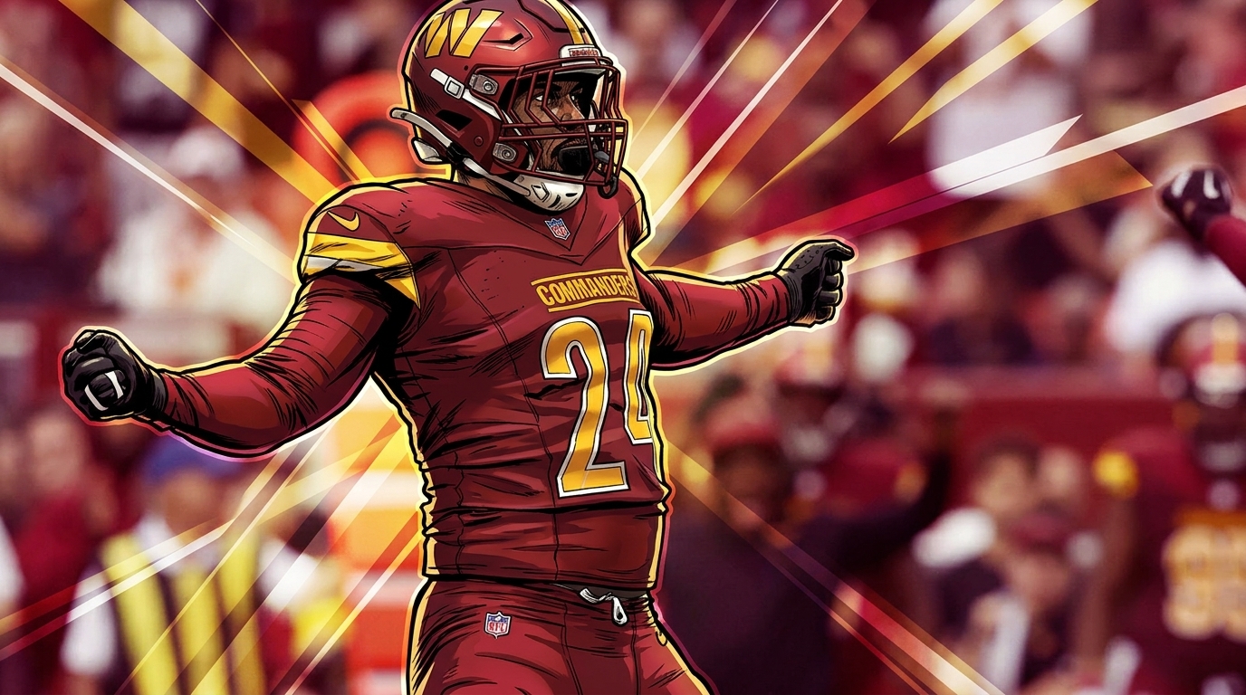 Comic-style illustration of Von Miller celebrating a sack, geometric light streaks in the background