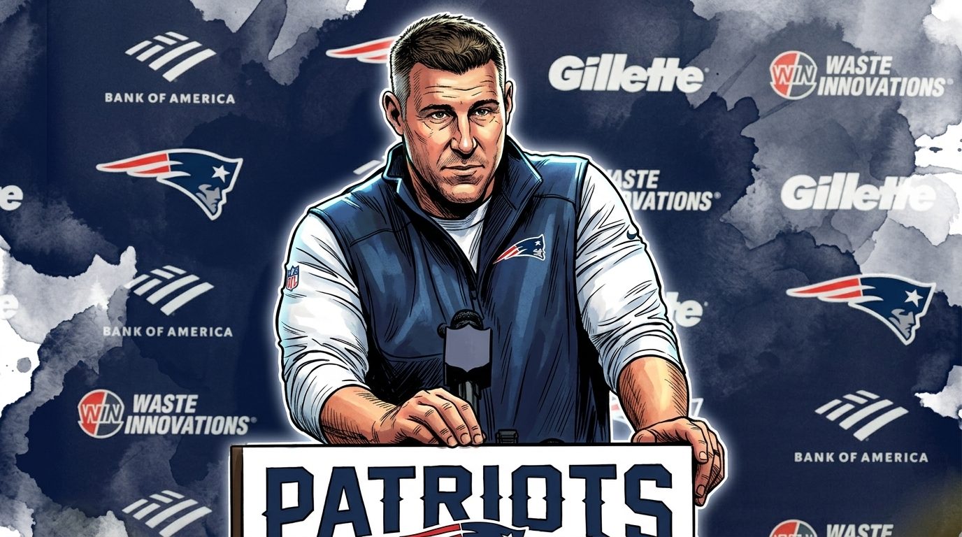 Mike Vrabel at a Patriots press conference podium
