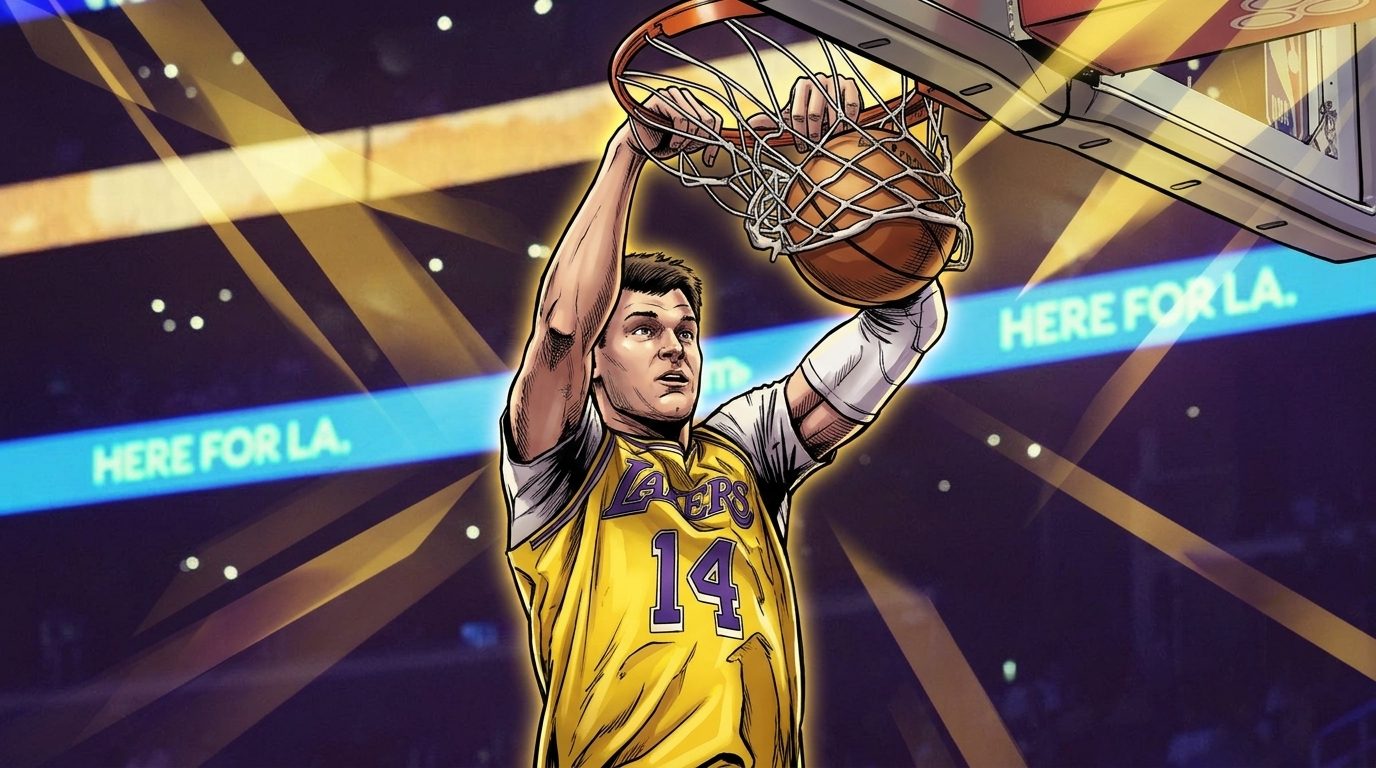 Comic-style illustration of Walker Kessler dunking in a yellow Los Angeles Lakers No. 14 jersey, framed by a yellow-and-purple geometric light streak effect over a Crypto.com Arena background — Swipe Sports