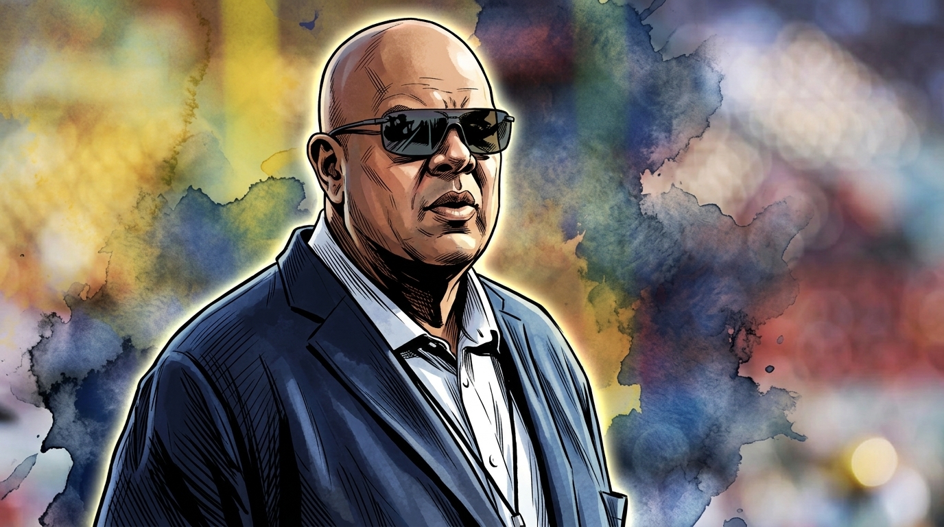 Comic-style illustration of Warde Manuel in a navy blazer and light blue collared shirt with sunglasses, maize and navy watercolor-bleed effect over an outdoor stadium background