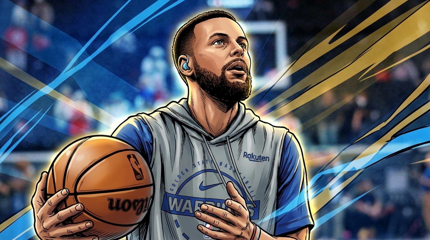 Comic-style illustration of Stephen Curry in a gray Golden State Warriors pregame hoodie holding a basketball and looking up at the rim, blue and gold geometric light streaks washing the arena background -- Swipe Sports