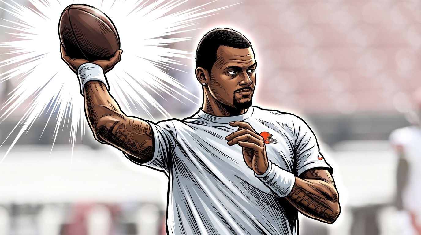 Deshaun Watson in a white Browns practice shirt throwing a football overhead, comic-style shockwave lines radiating from his arm with a blurred stadium background