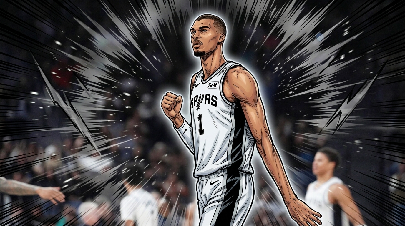 Victor Wembanyama in San Antonio Spurs jersey, comic book shockwave and particle effect style — Swipe Sports
