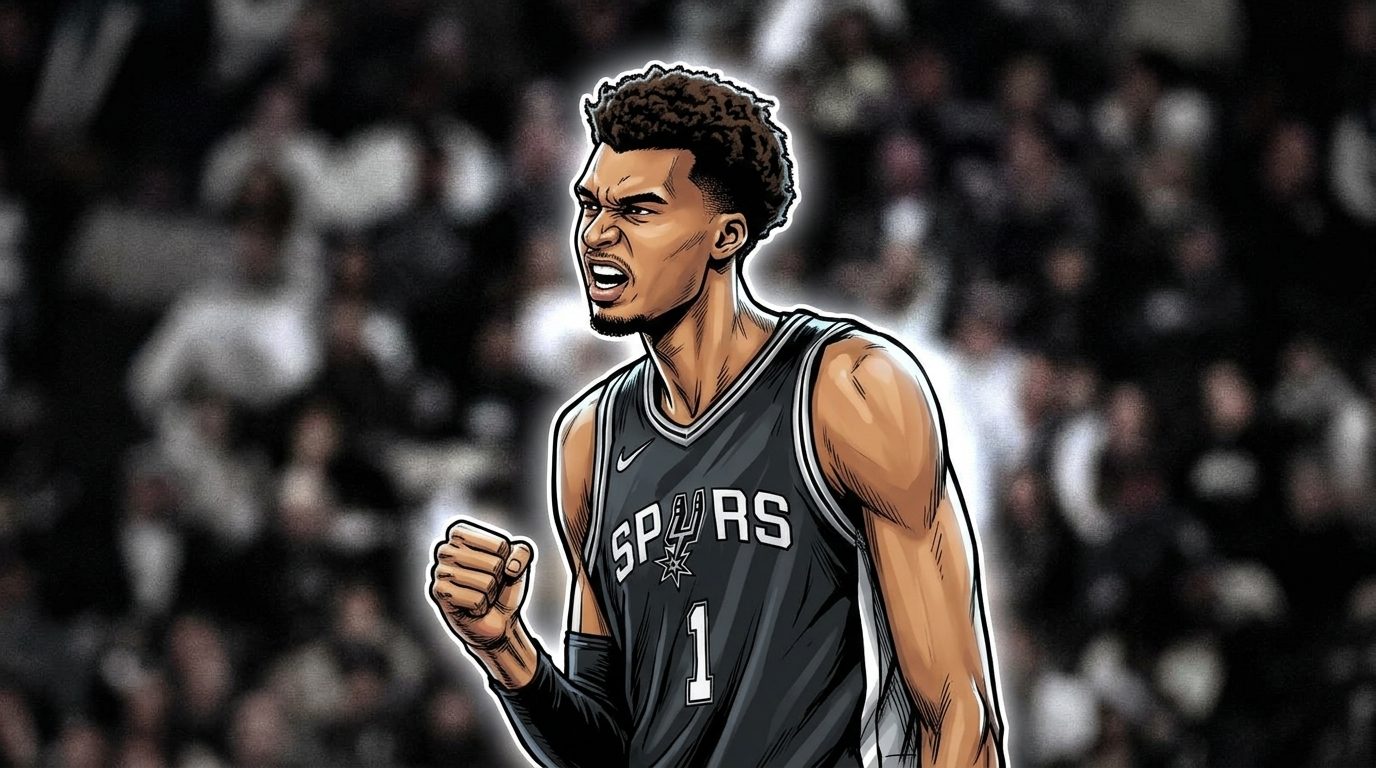 Comic-style illustration of Victor Wembanyama fist-pumping in a black San Antonio Spurs jersey, neon rim glow effect, blurred arena crowd background