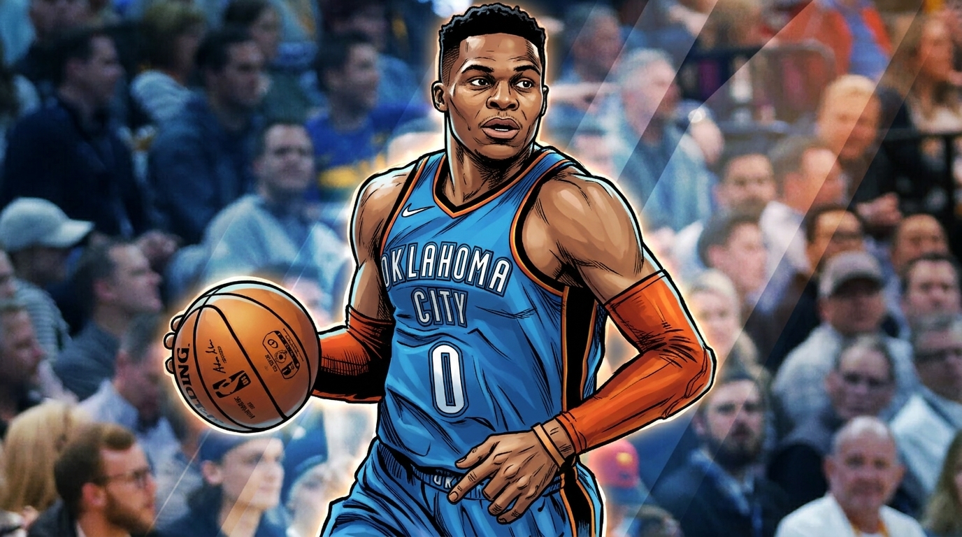 Comic-style illustration of Russell Westbrook dribbling in a blue Oklahoma City Thunder jersey, geometric light streaks crossing a blurred arena crowd background