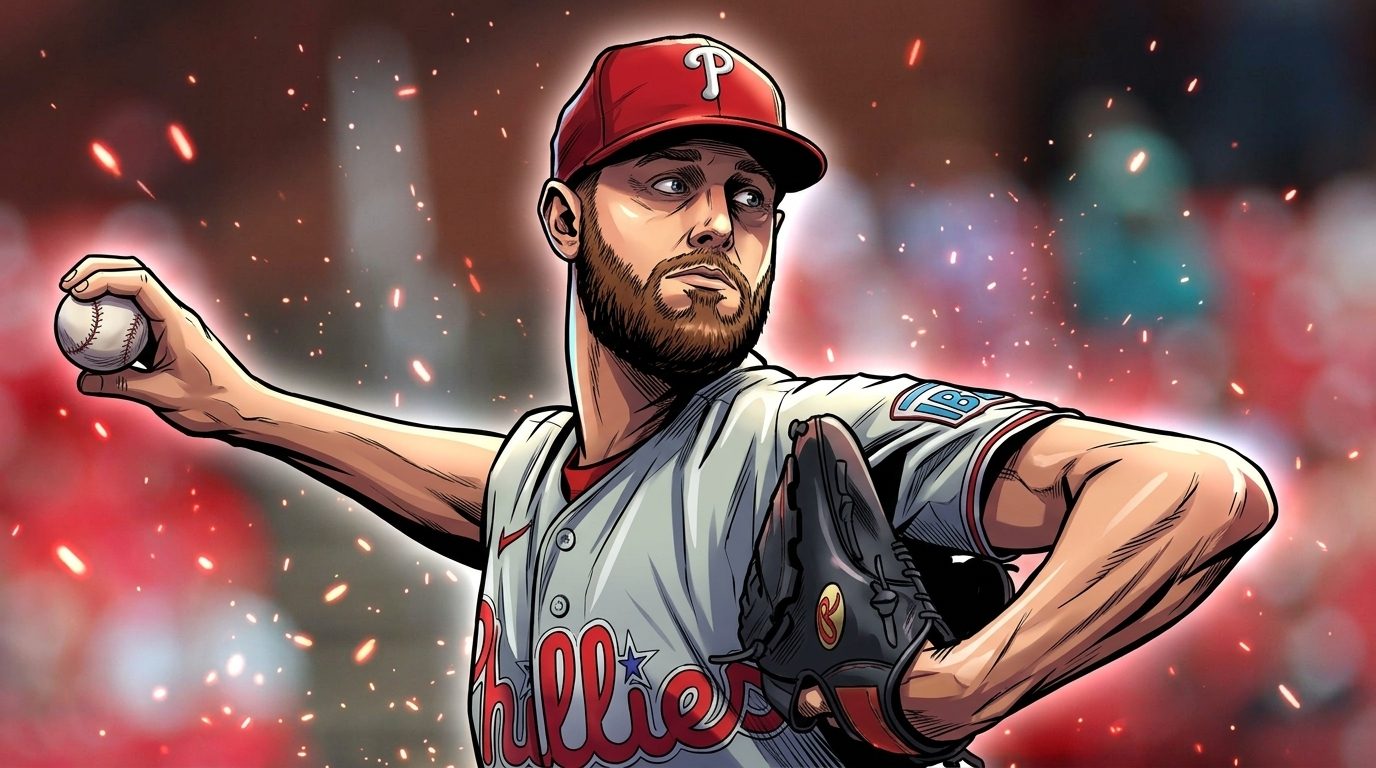 Comic-style illustration of Zack Wheeler mid-windup in a gray Phillies road jersey and red cap, ember and particle effects glowing against a blurred stadium crowd background.