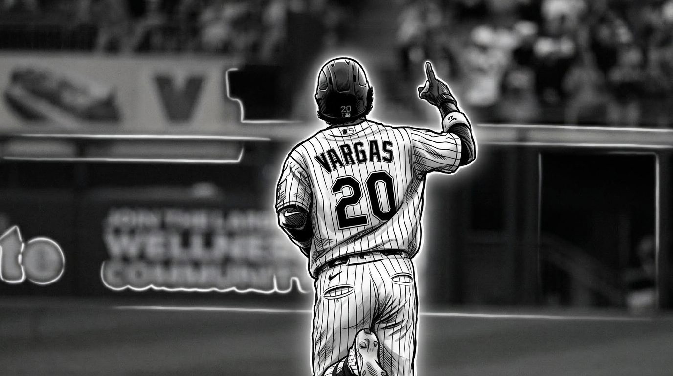 Comic-style illustration of Miguel Vargas pointing skyward in his White Sox pinstripe jersey with a black-and-white neon rim glow effect and a blurred Rate Field crowd background