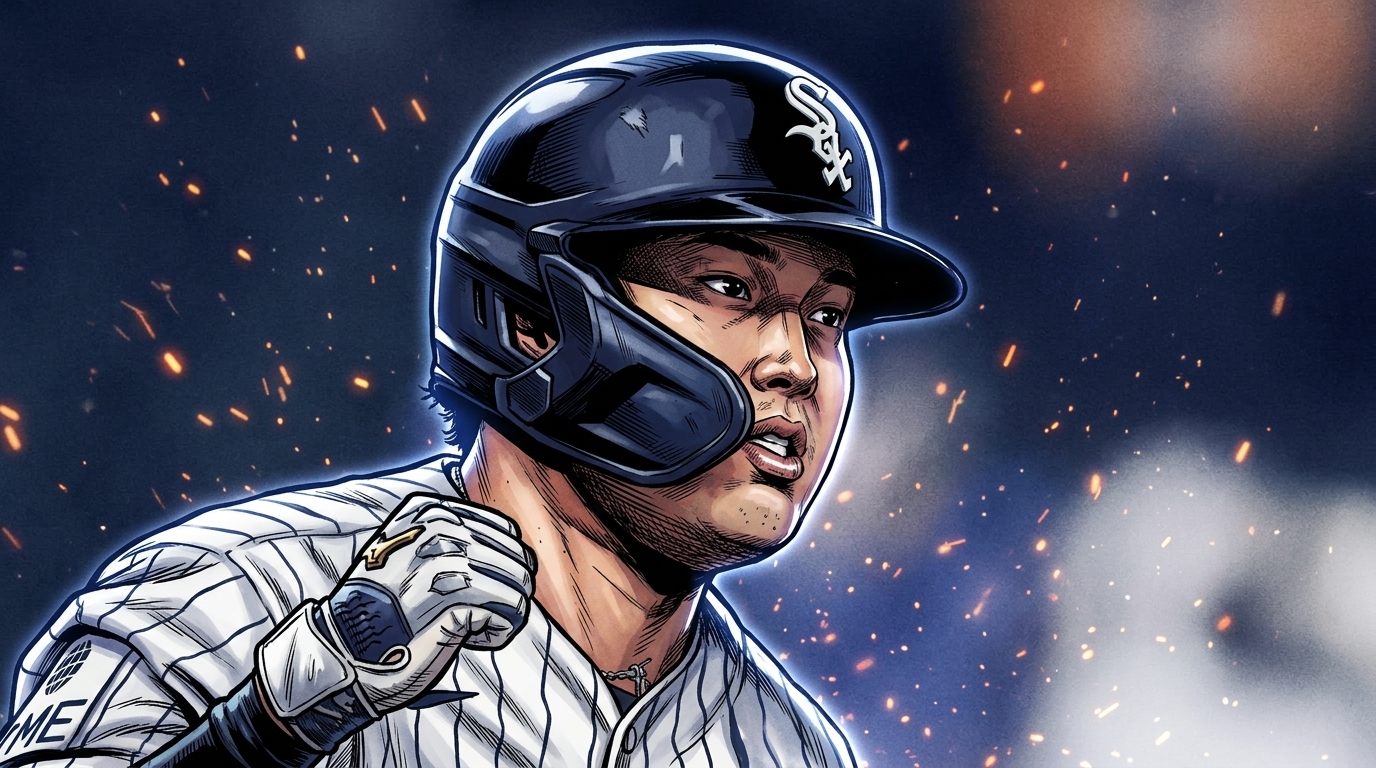 Munetaka Murakami in White Sox pinstripes and batting helmet rendered in comic book style with a particle field / floating embers effect