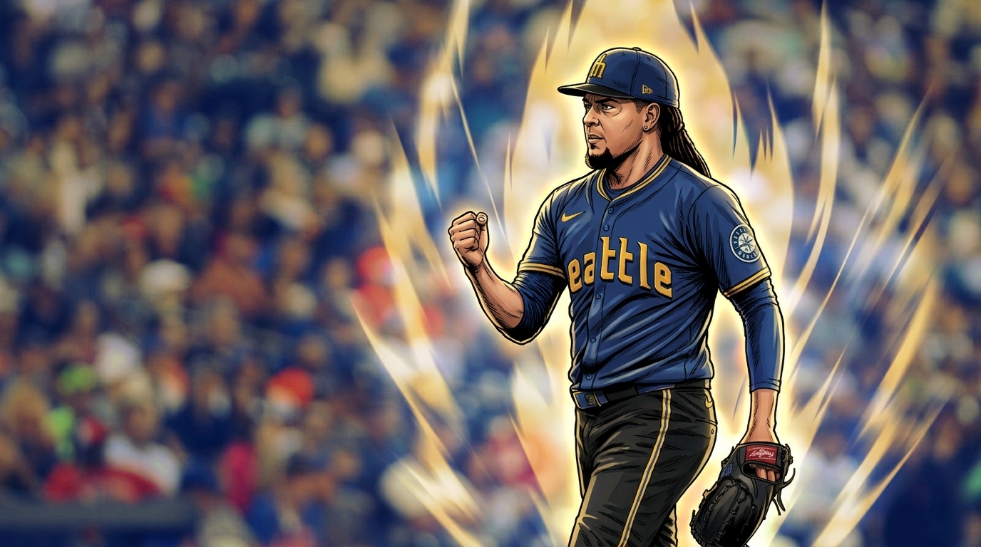 Comic-style illustration of Luis Castillo pumping his fist in his Mariners uniform with a glowing gold shockwave effect and a blurred stadium crowd background