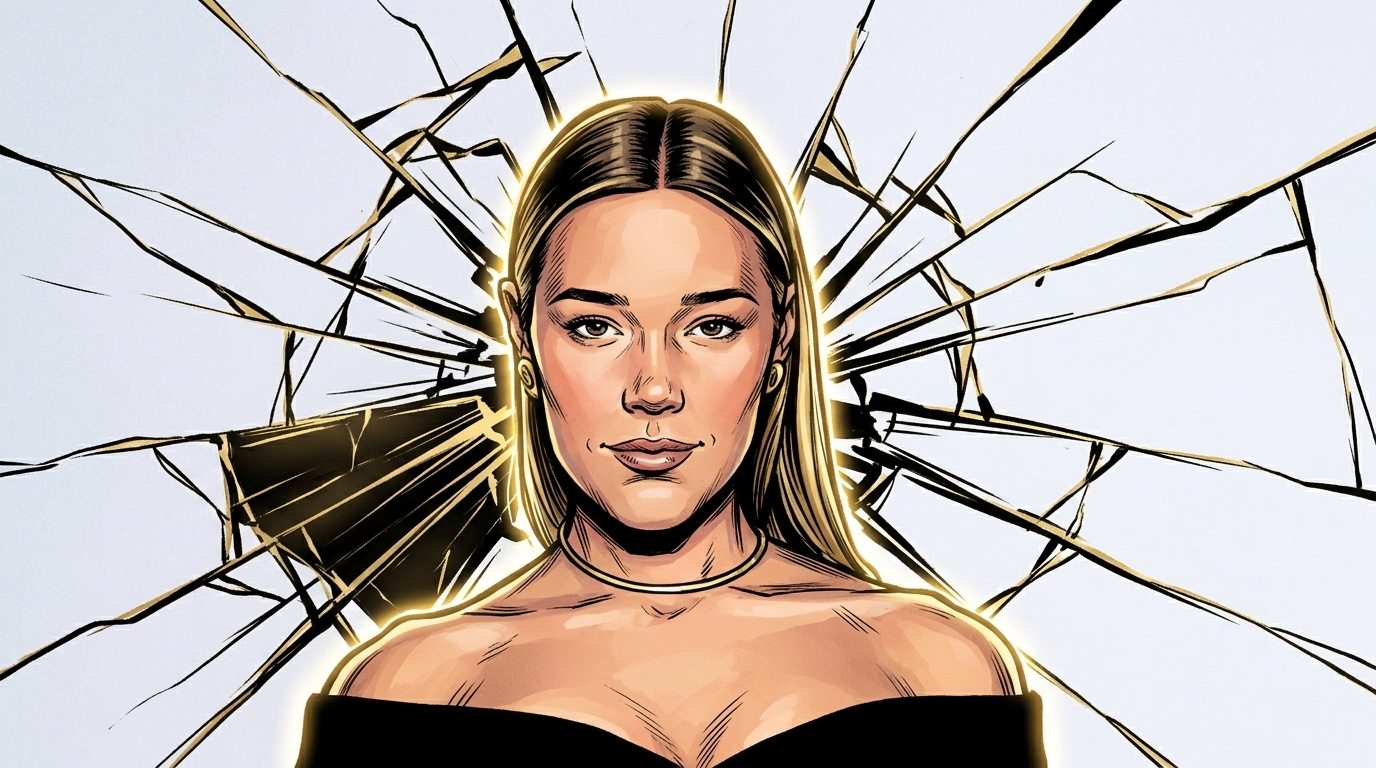 Comic-style illustration of Olivia Ponton in a black off-the-shoulder dress with gold jewelry, shattered-glass effect radiating from behind her against a light backdrop