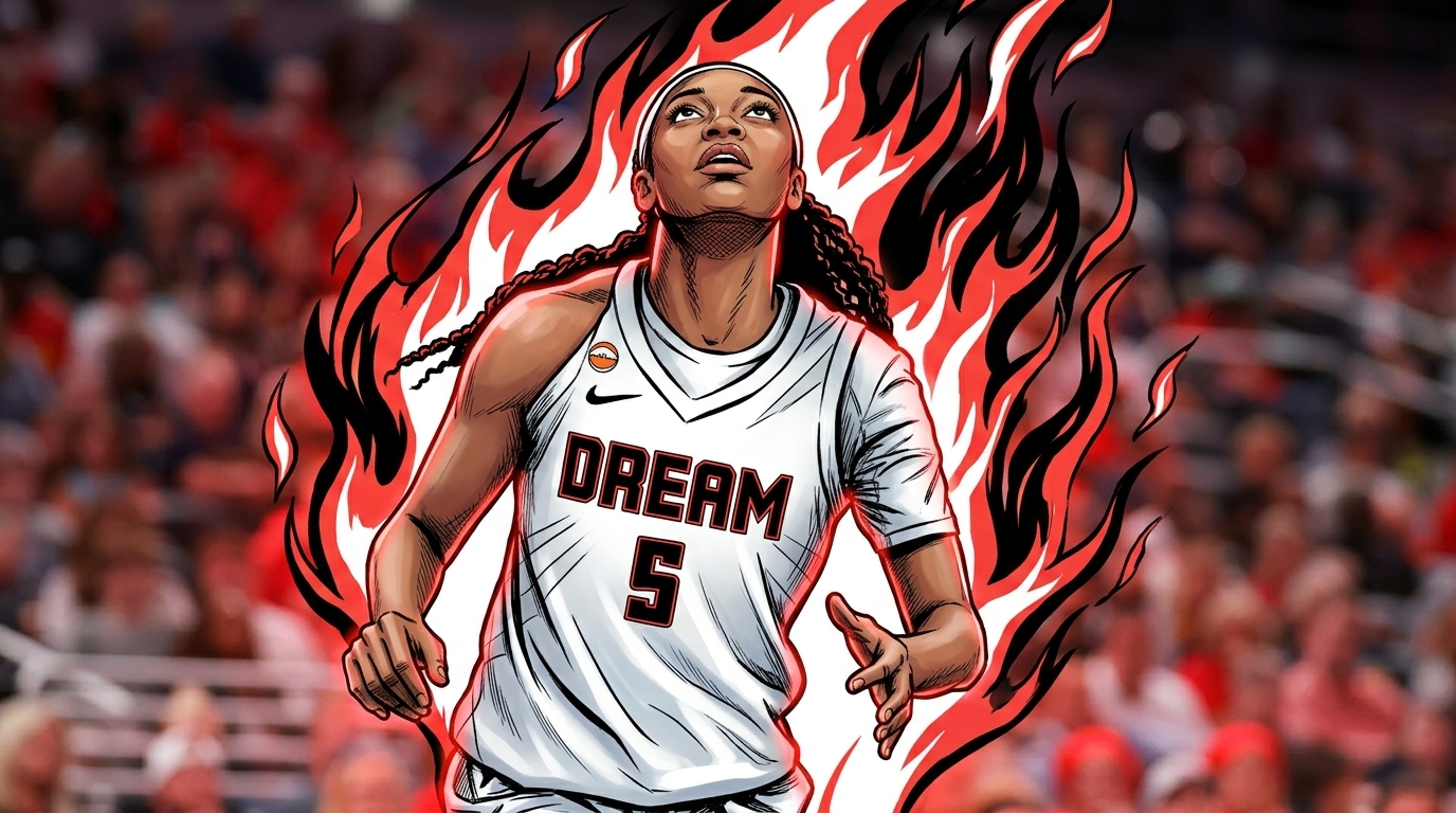 Comic-book styled illustration of Angel Reese in an Atlanta Dream jersey