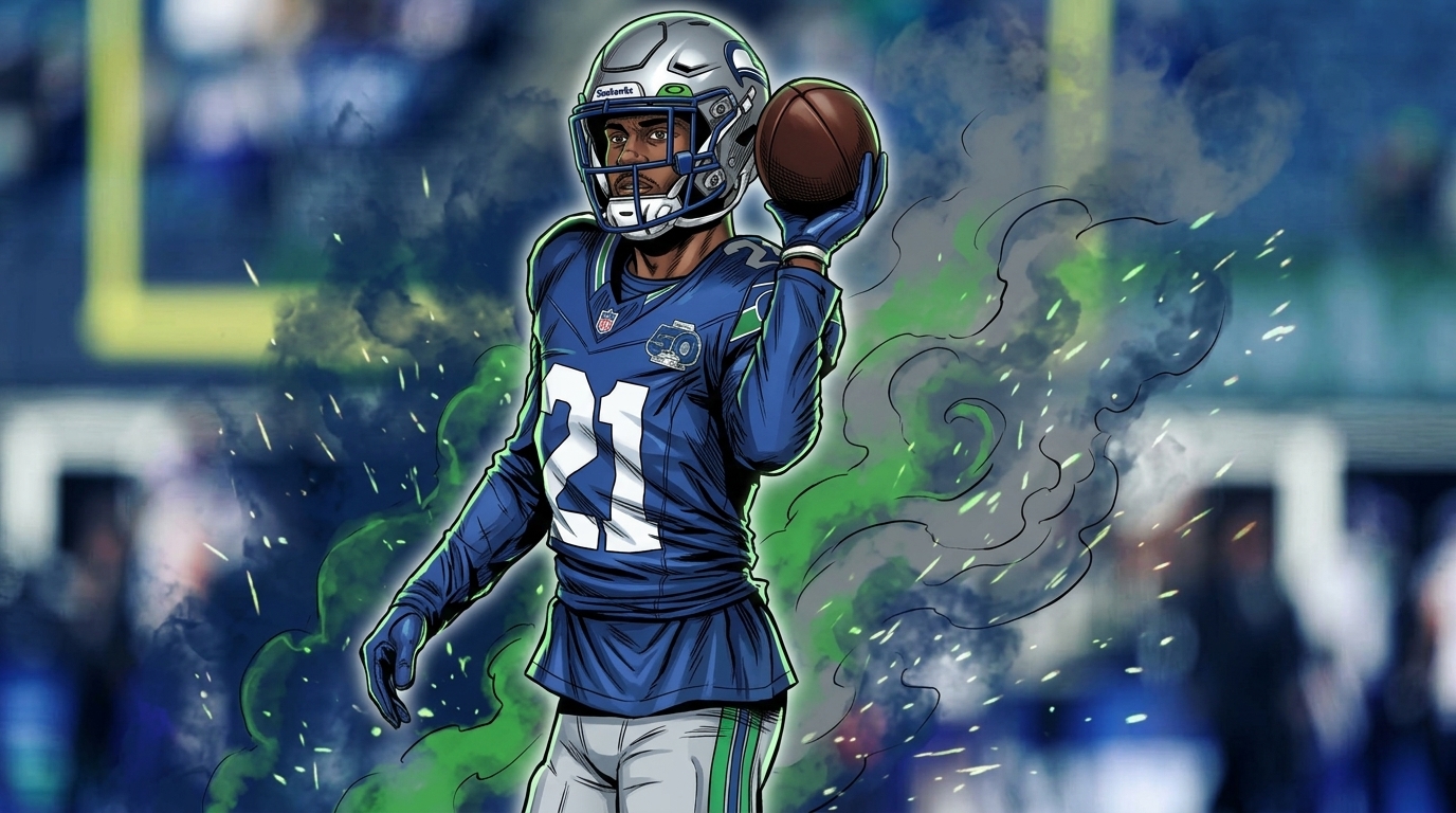 Comic-style illustration of Seattle Seahawks cornerback Devon Witherspoon in his blue home jersey catching a football, green energy effect and blurred Lumen Field crowd in the background