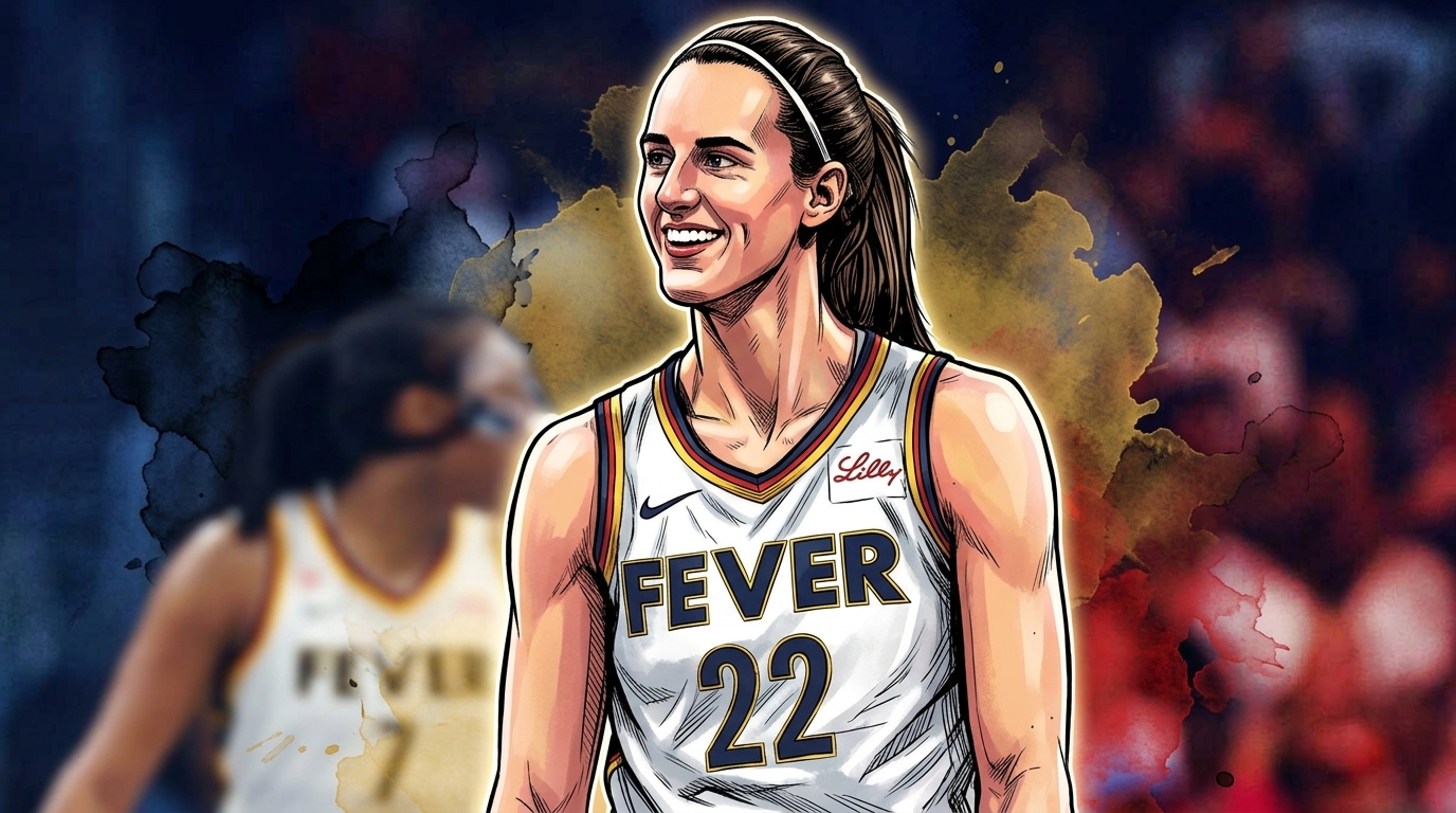 Caitlin Clark of the Indiana Fever in comic book style with ink wash and watercolor bleed effect
