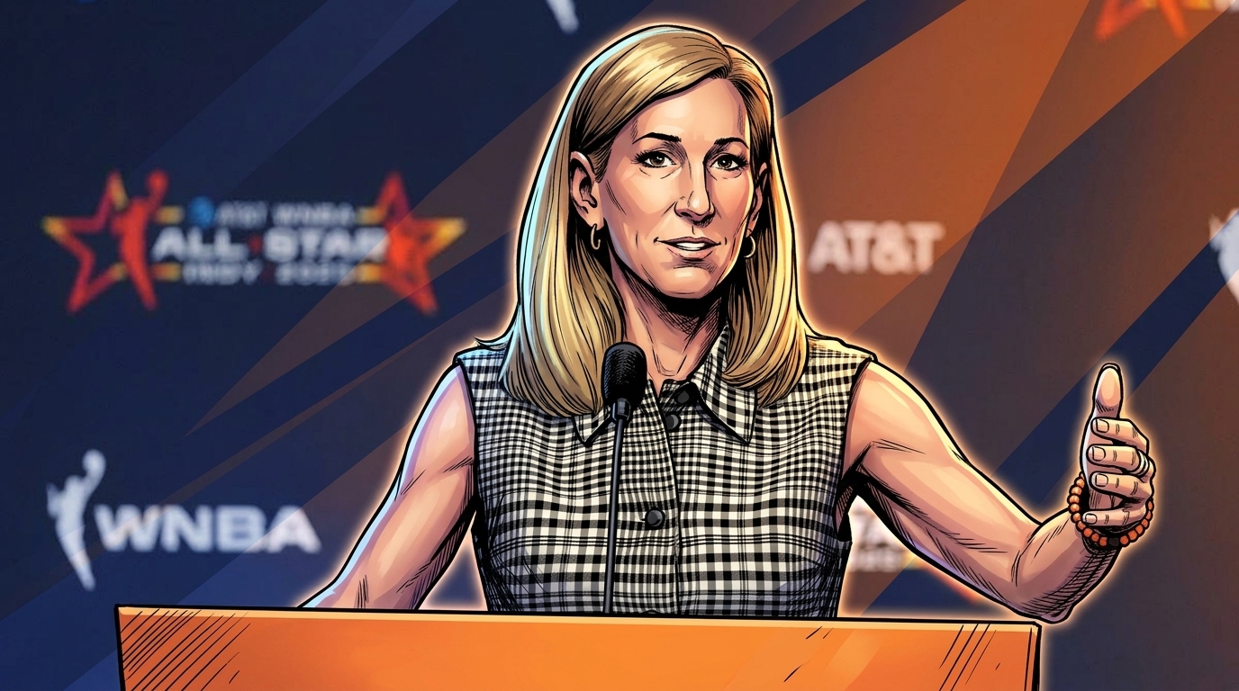 Comic-style illustration of WNBA commissioner Cathy Engelbert speaking at a podium at the WNBA All-Star press conference
