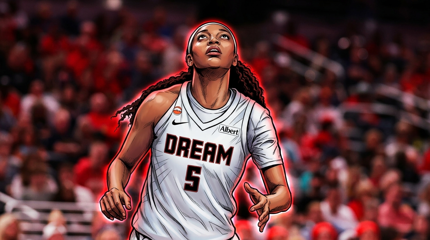Angel Reese rendered as a comic book illustration in her white Atlanta Dream jersey, glancing upward with a neon rim glow effect -- Swipe Sports