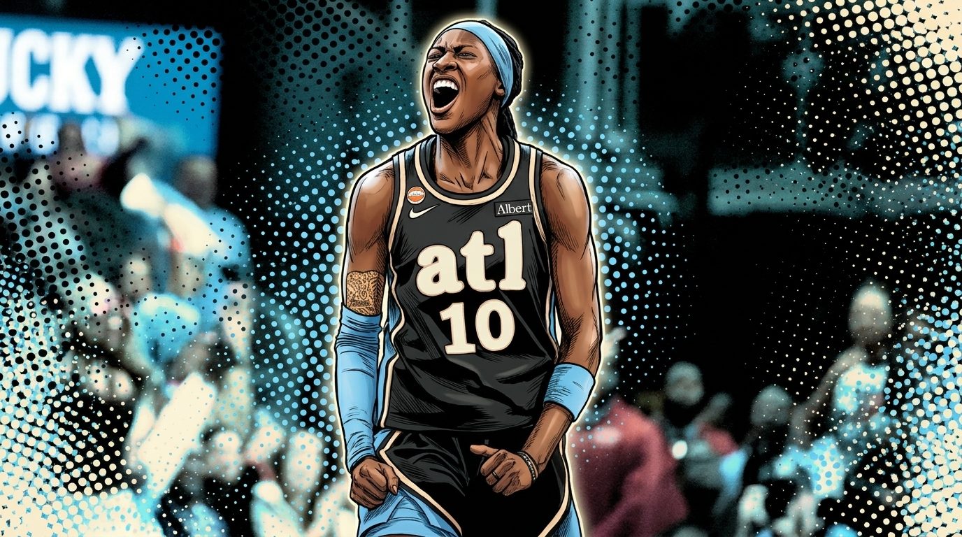 Comic-style illustration of Atlanta Dream guard Rhyne Howard in a black ATL #10 jersey with light blue trim, shouting mid-celebration with fists clenched, navy halftone dot effect over a blurred arena crowd background