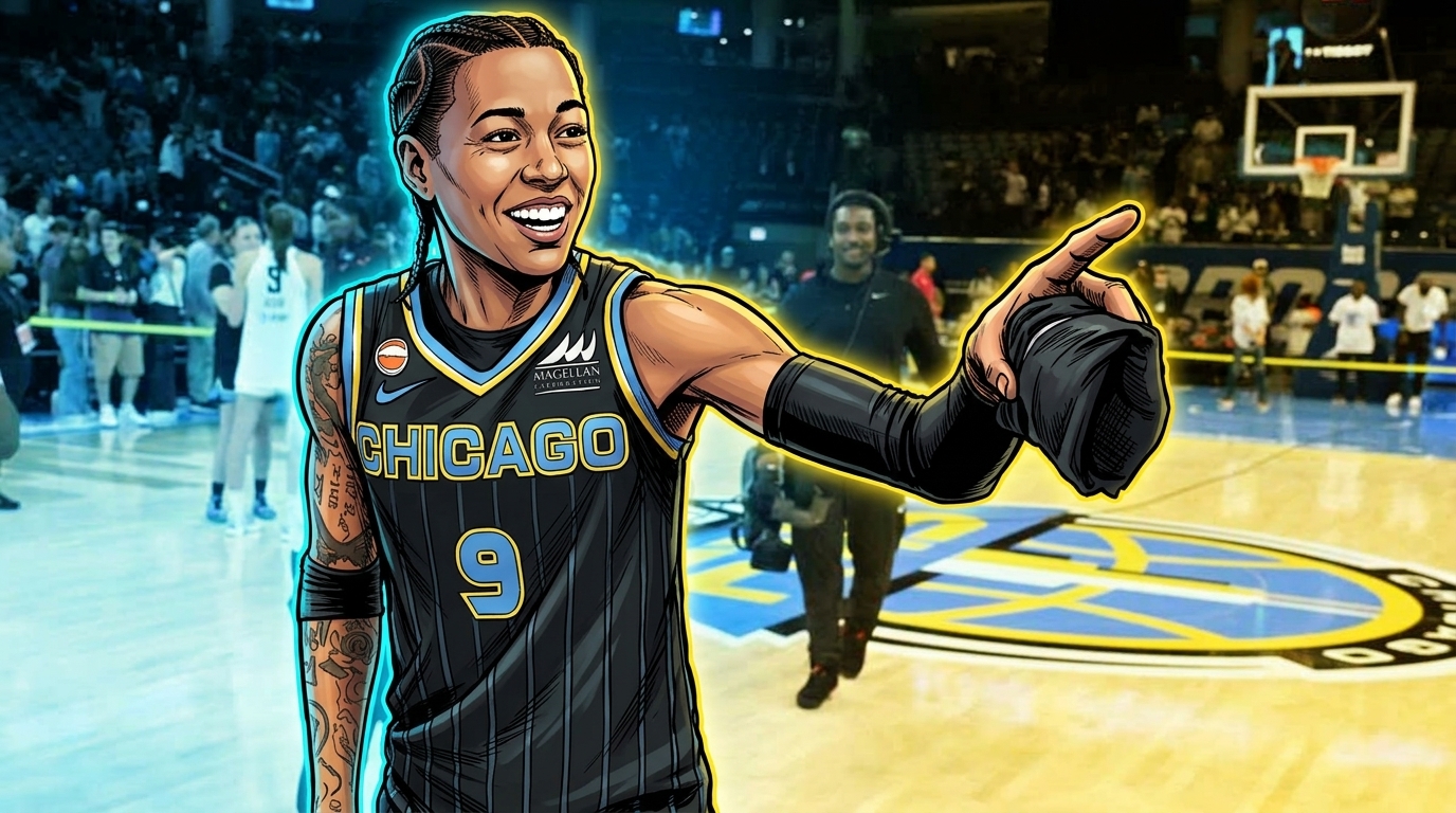 Natasha Cloud of the Chicago Sky illustrated in comic book style with neon rim glow effect and sky-blue and marigold color wash