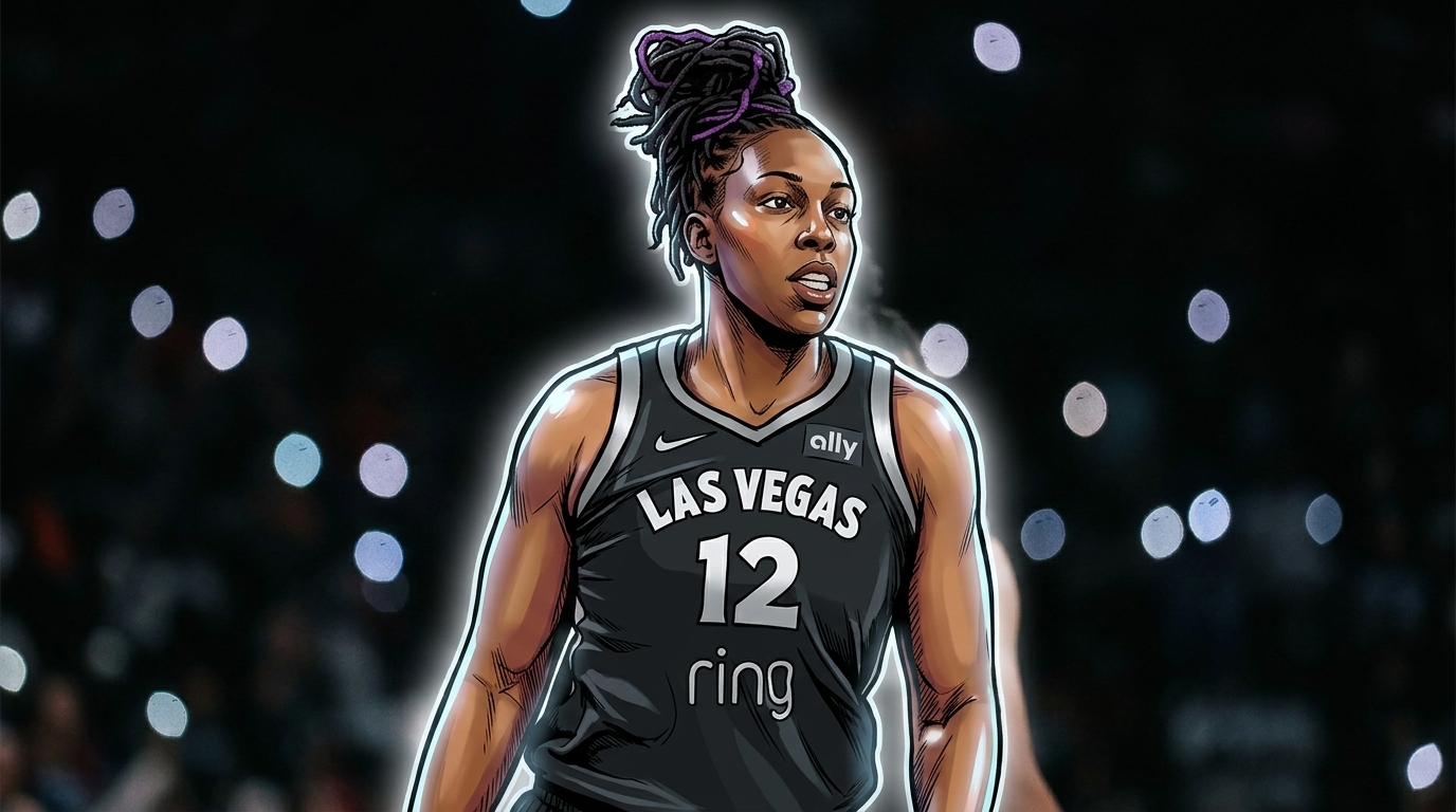 Chelsea Gray, Las Vegas Aces guard, comic-style illustration with neon rim glow effect