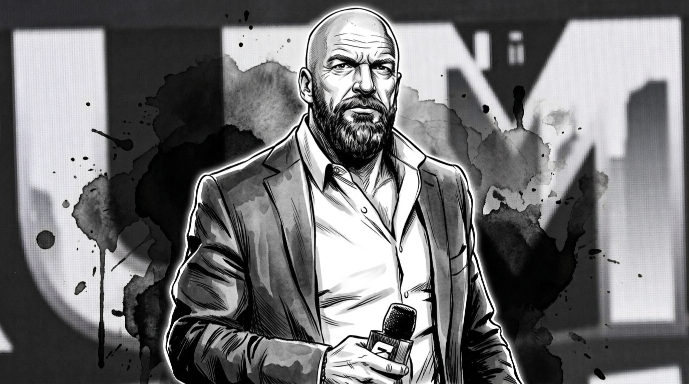 Black-and-white comic-style illustration of WWE's Triple H holding a microphone, ink wash effect over a blurred arena backdrop