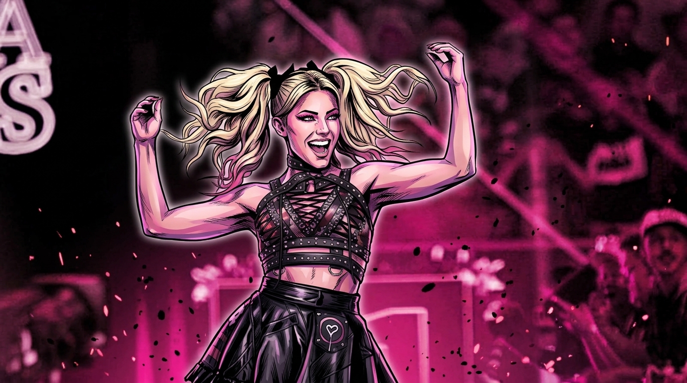 Alexa Bliss in comic book illustration style with a pink particle-field effect, arms raised during her WWE entrance