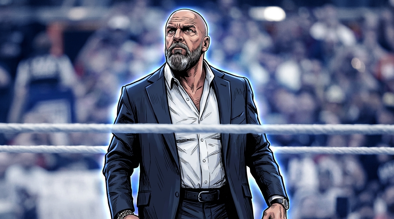 Triple H stands ringside in a comic book illustration style, blurred arena crowd behind him — Swipe Sports