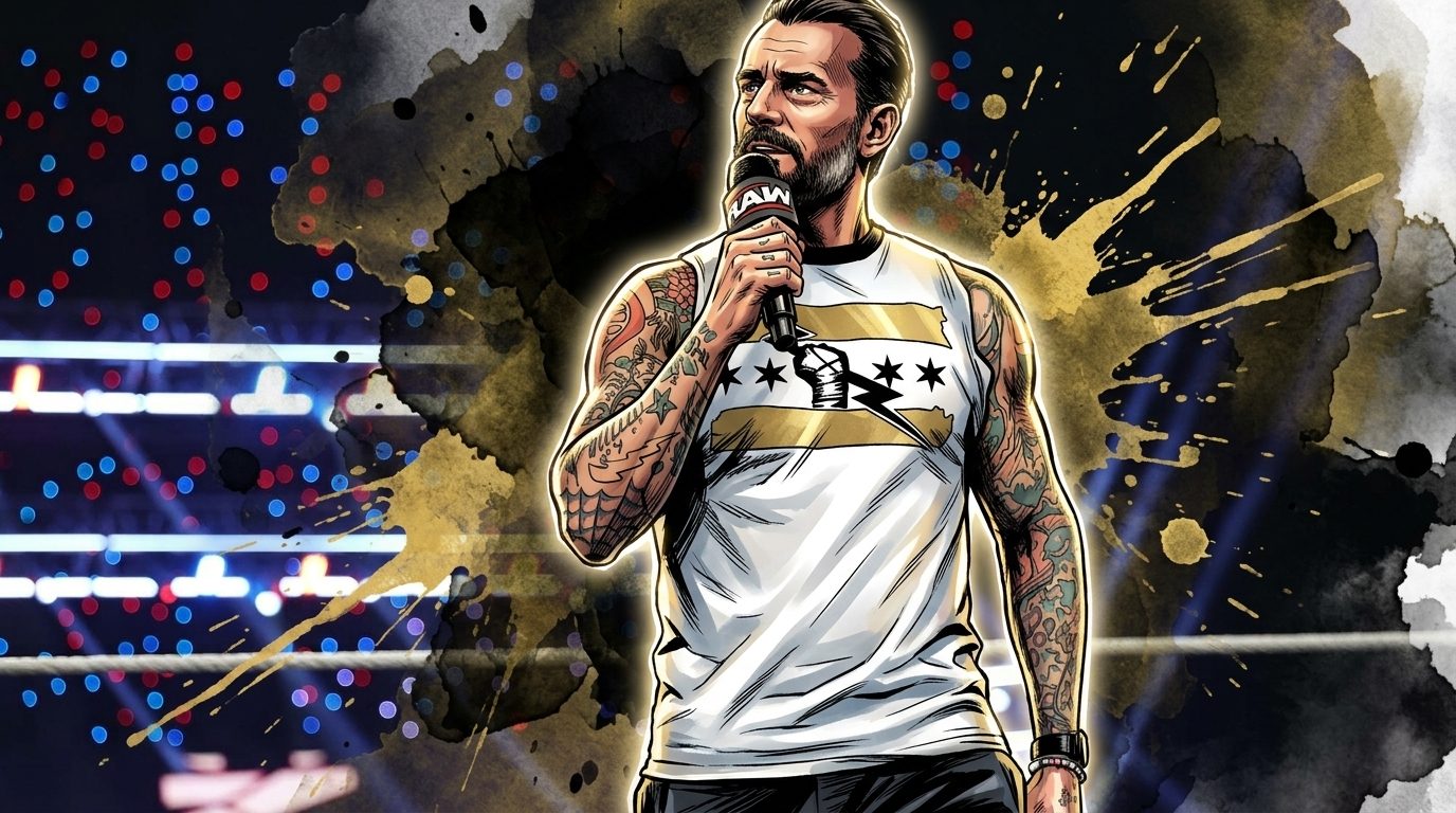 Comic-style illustration of CM Punk holding a RAW-branded microphone in the ring, wearing a white and gold Chicago-flag-print shirt, gold and black ink-wash effect washing over the arena background