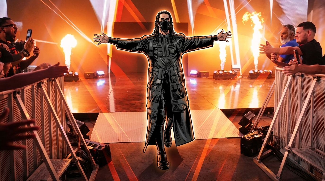 Comic-style illustration of Seth Rollins with arms outstretched on the SummerSlam entrance ramp, framed by pyro flames and geometric light streaks — Swipe Sports