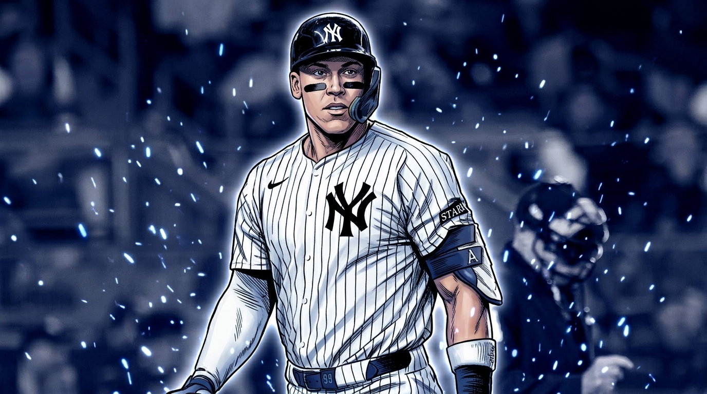 Comic-style illustration of Aaron Judge in a white Yankees jersey with navy pinstripes and No. 99, mid-body framing, blue particle field and floating embers effect over a blurred Yankee Stadium background