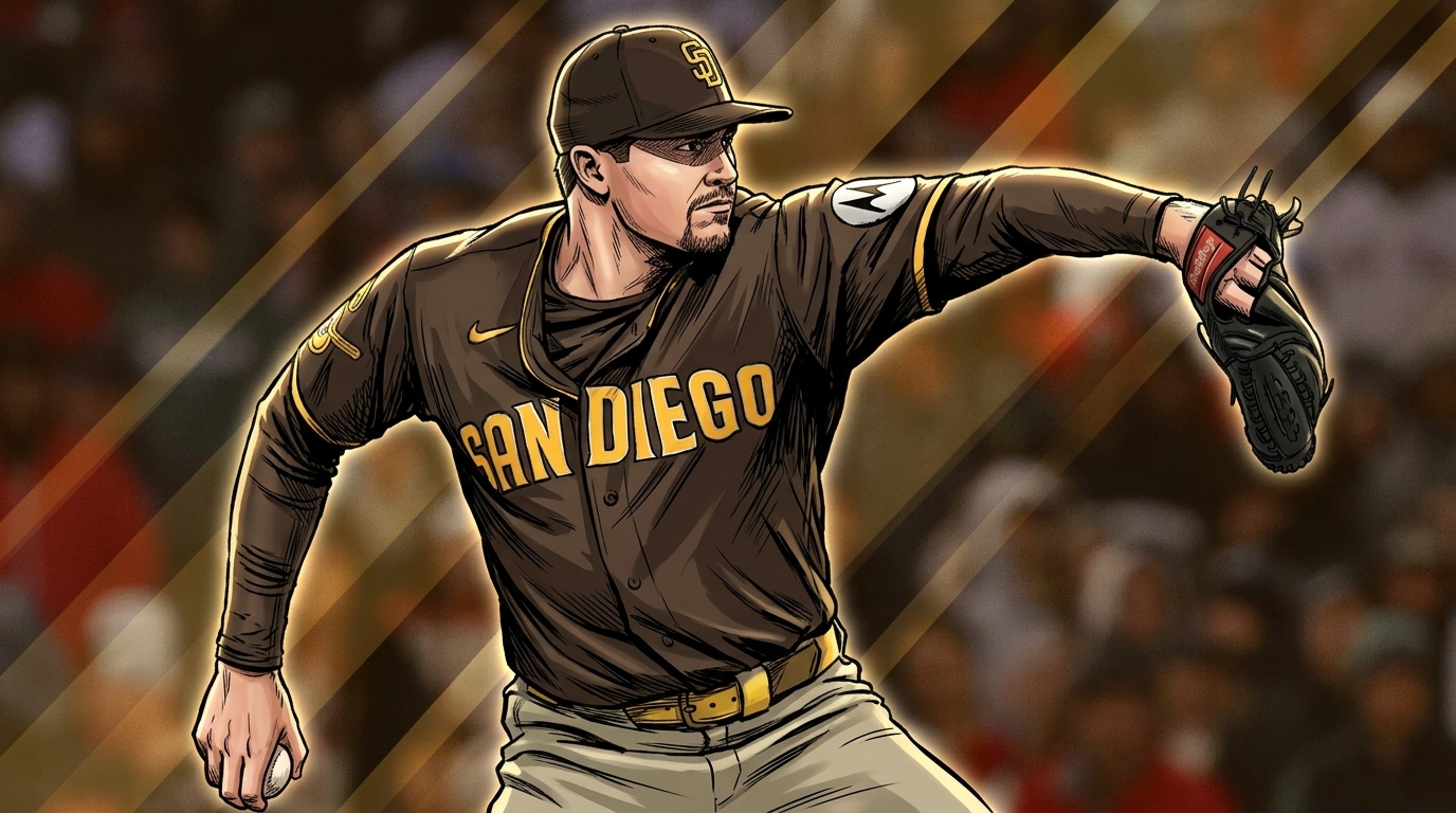 Mason Miller rendered as a comic book illustration mid-pitch for the San Diego Padres, with a gold and brown geometric light streak effect -- Swipe Sports