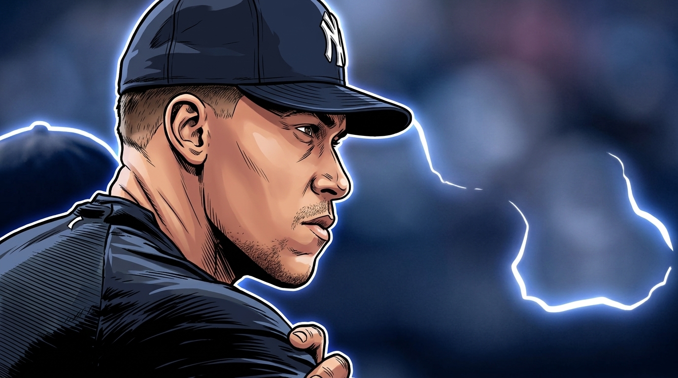 Comic-style illustration of Aaron Judge in a dark navy Yankees dugout jacket and cap with white interlocking NY logo, neon rim glow effect against a tinted stadium background