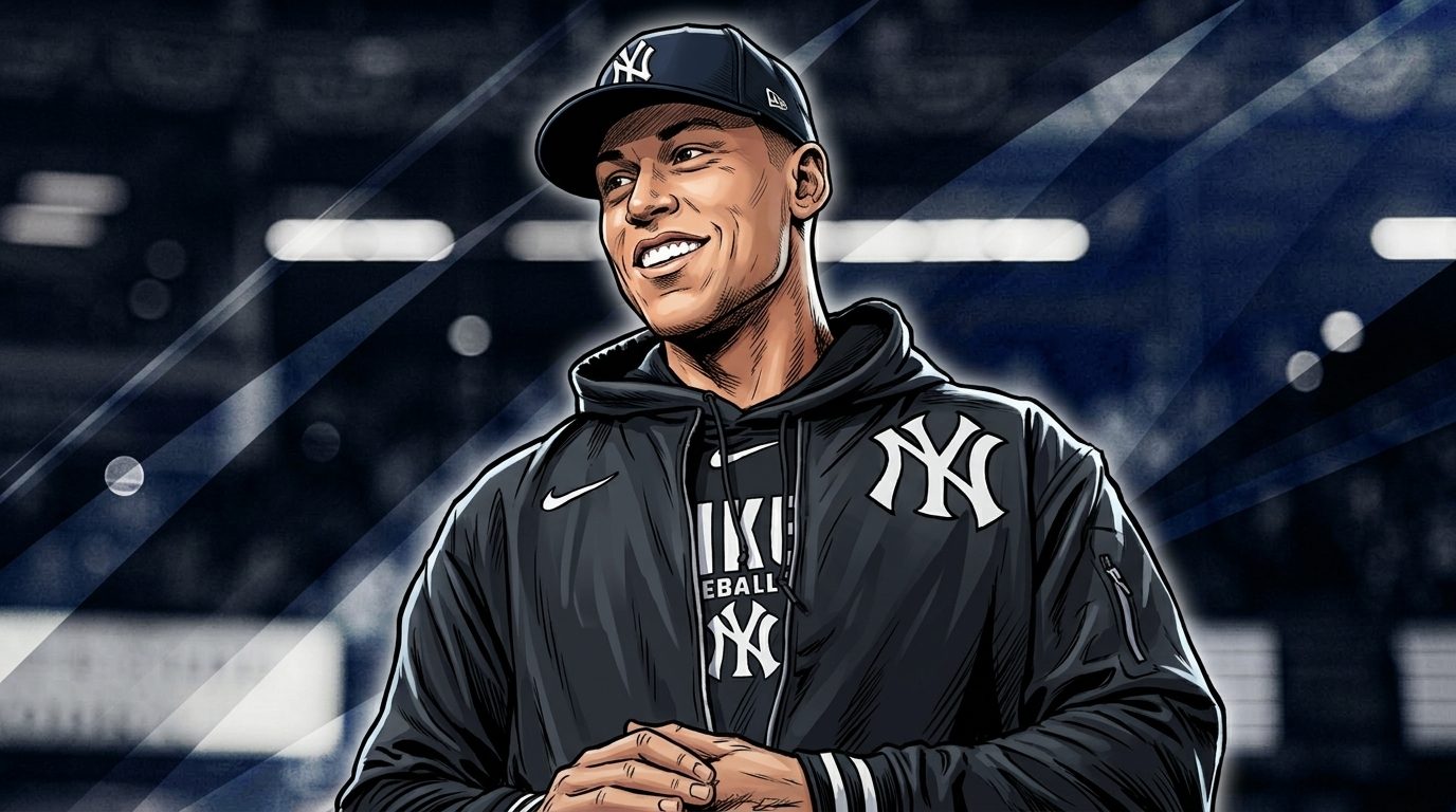 Comic-style illustration of Aaron Judge in a black New York Yankees hoodie with white NY logo, geometric light streak effect over a navy stadium background