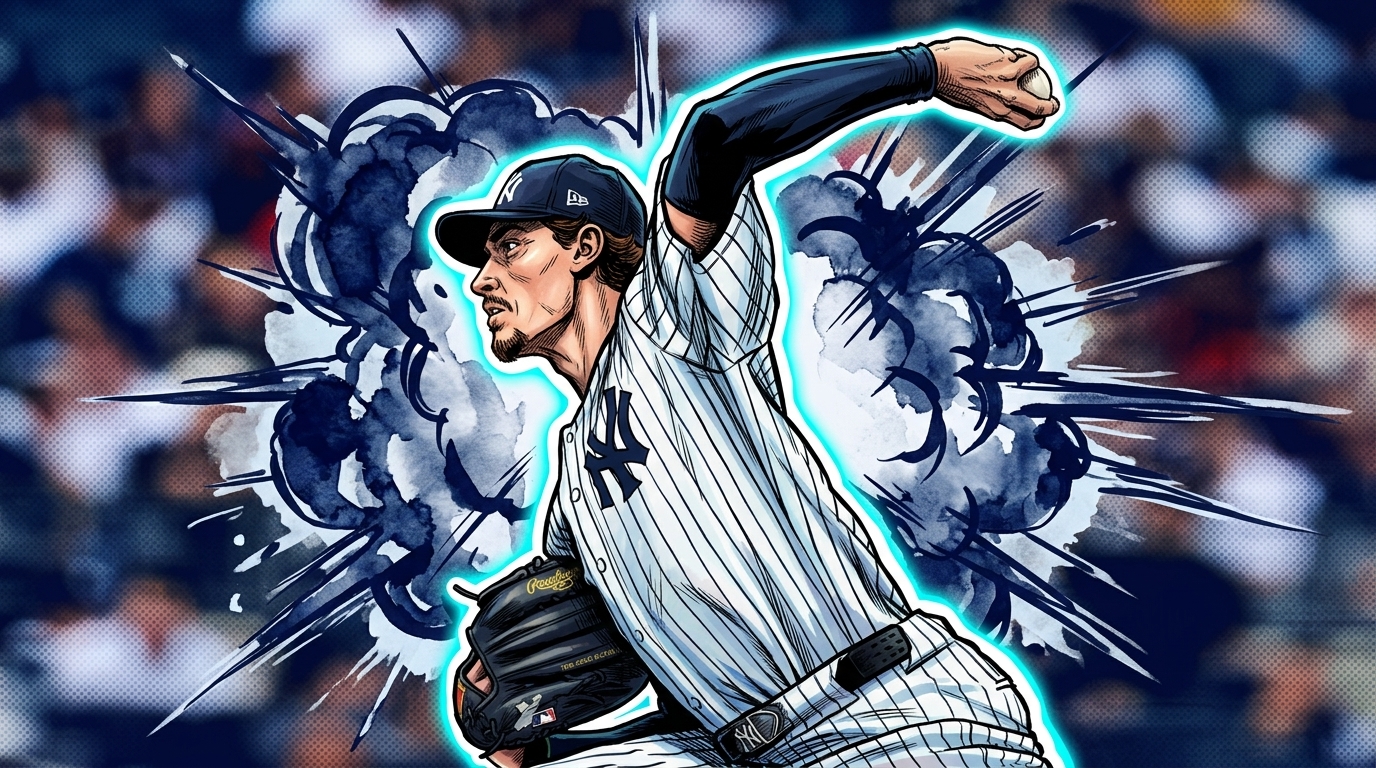 Max Fried, New York Yankees pitcher, comic-style illustration mid-delivery with navy ink wash watercolor bleed effect