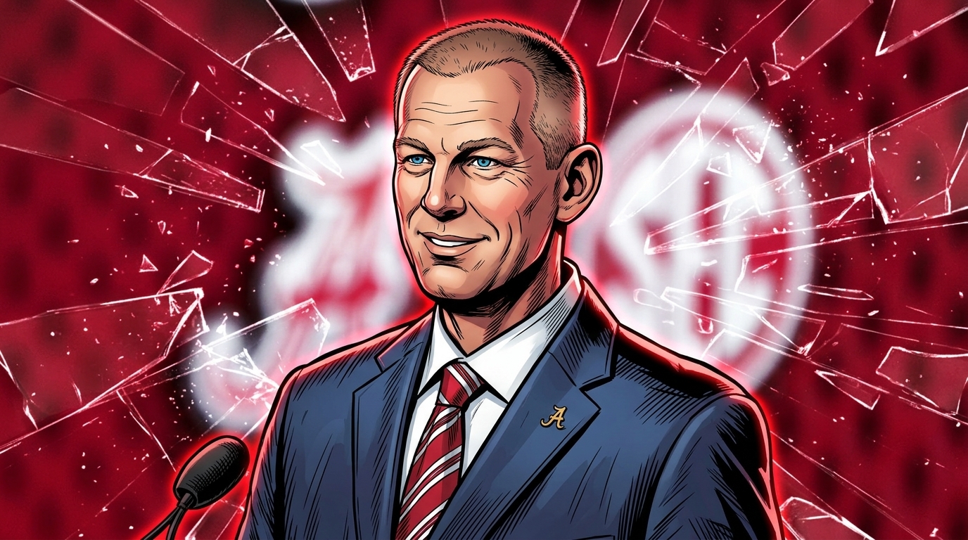 Kalen DeBoer at SEC Media Days, comic-book illustration style — Swipe Sports