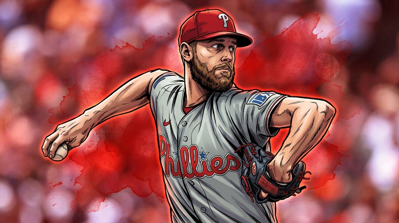 Comic-style illustration of Phillies pitcher Zack Wheeler mid-windup in his gray road jersey with a red color wash background