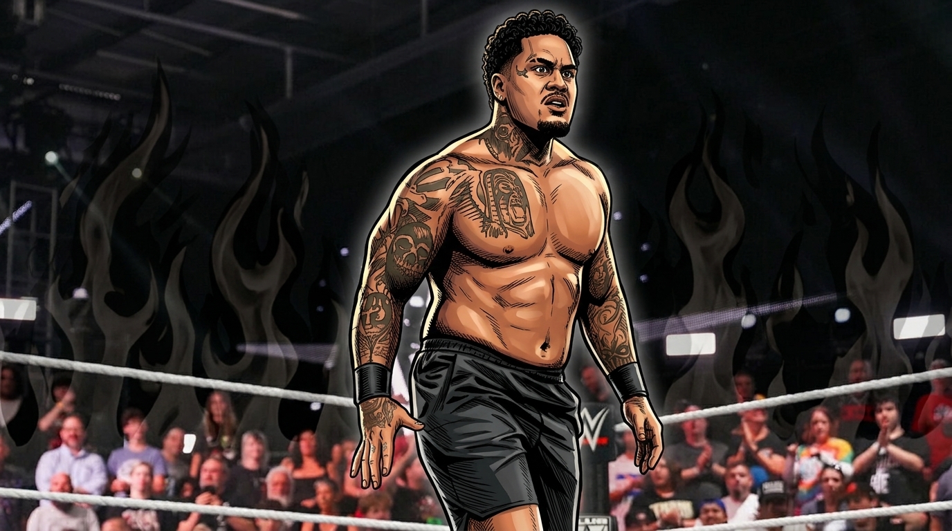 Comic-style illustration of Zilla Fatu, shirtless with heavy tattoos and black wrestling trunks with a white WWE logo, standing in the ring with a dark flame effect and blurred arena crowd in the background