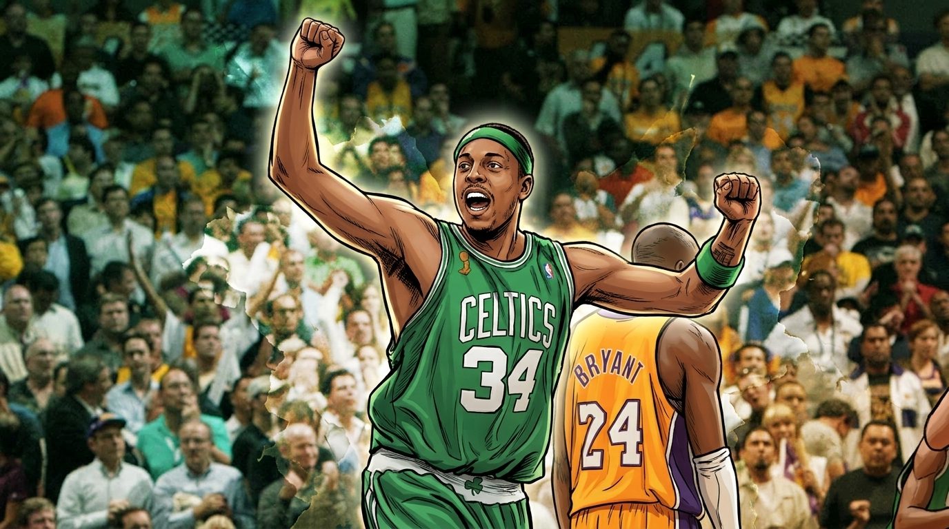 Paul Pierce in a green Boston Celtics number 34 jersey celebrating in comic style — Swipe Sports