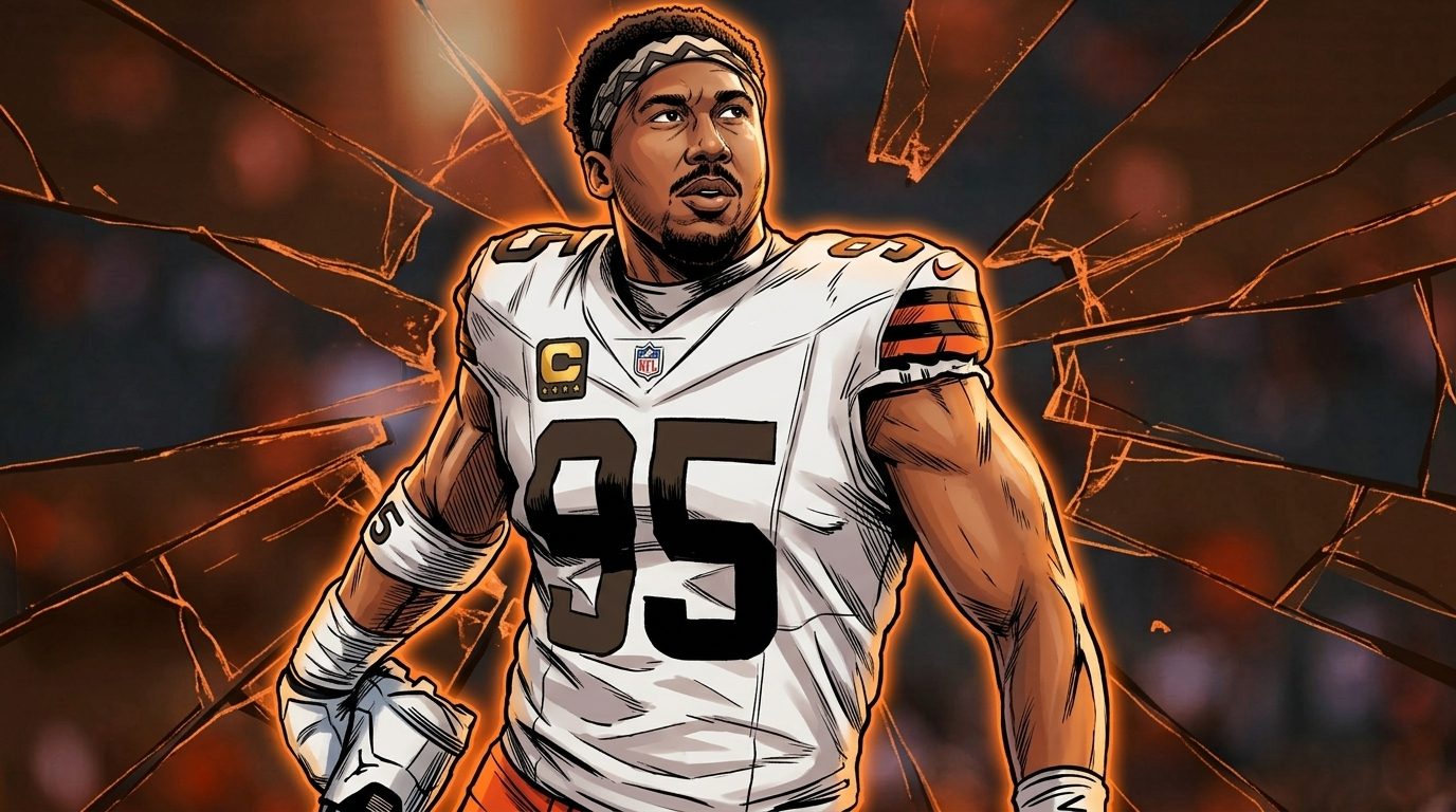 Myles Garrett in a white Cleveland Browns number 95 jersey, comic style — Swipe Sports