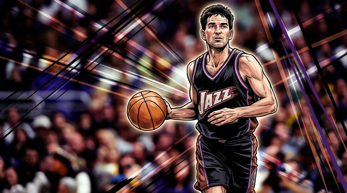 Illustration of John Stockton dribbling upcourt in a black Utah Jazz uniform
