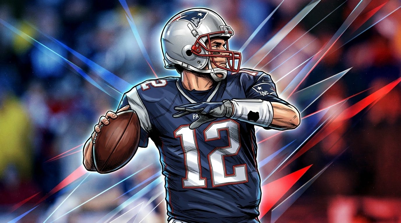 Tom Brady in a navy New England Patriots number 12 jersey throwing in comic style — Swipe Sports