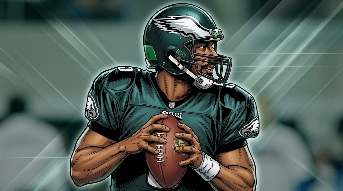 Illustration of Donovan McNabb in a midnight green Philadelphia Eagles uniform holding a football